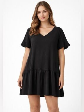 Black Ruffle Hem Dress Short Sleeve Flowy Mini Dress Casual Loose Fit Size S